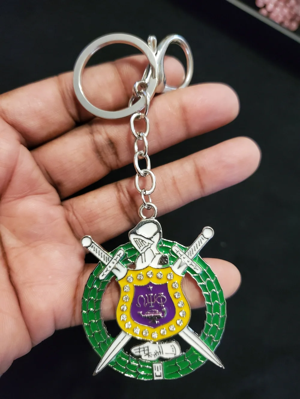 Fraternity Shield & Swords Omega Keyring in Green, Purple and Gold